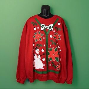 Vintage 80s Ugly Christmas Sweatshirt Snowman Shirt Tie Jerzees Mens Size 2XL